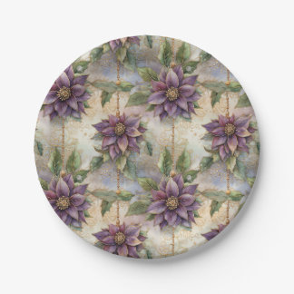 Purple Elegance Luxe Poinsettia & Holly Christmas Paper Plate