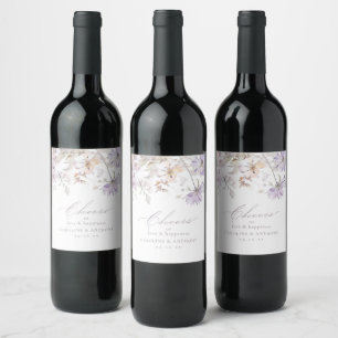 Purple Elegant Botanical Floral Boho Wedding Wine Label