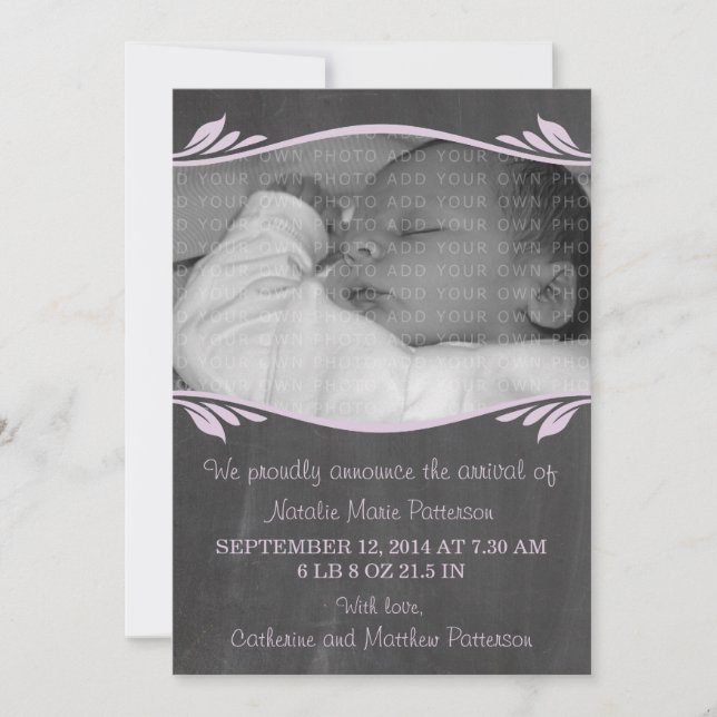 Purple Elegant Chalkboard Baby Announcement (Front)