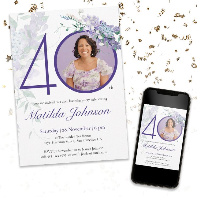 Purple Elegant Custom Photo Floral 40th Birthday  Invitation (Mock Up View)