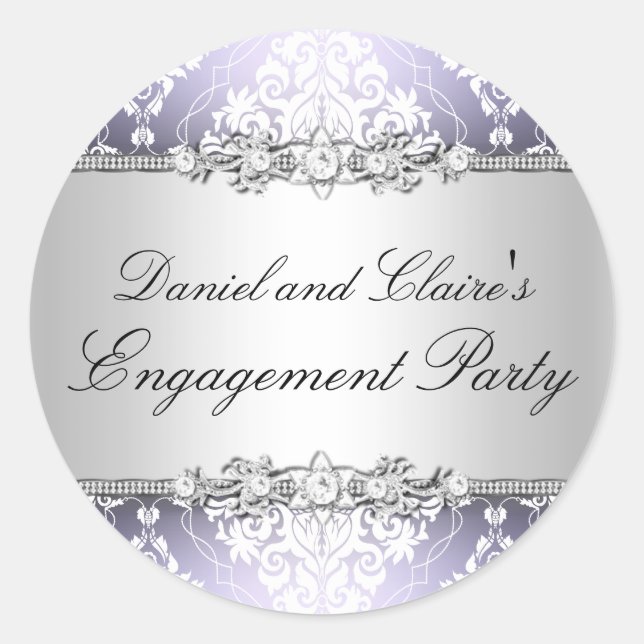 Purple Elegant Damask Engagement Party Sticker (Front)