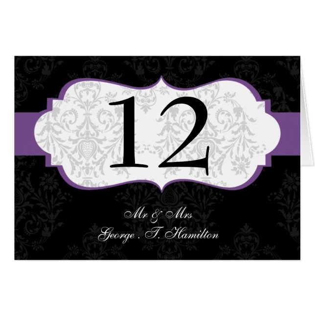 purple  Elegant damask  table seating card (Front Horizontal)