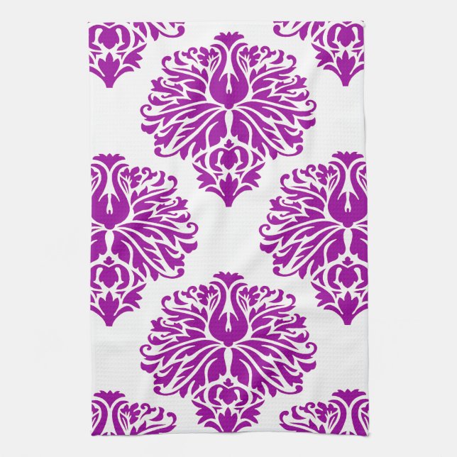 Purple Elegant Damask Tea Towel (Vertical)
