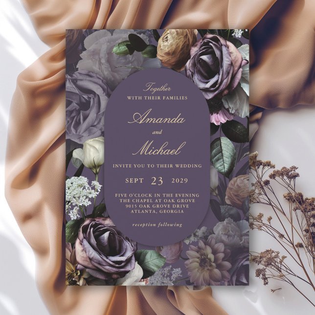 Purple Elegant Dark Moody Floral Wedding Invitation (Available in both printed and instant download digital formats.)