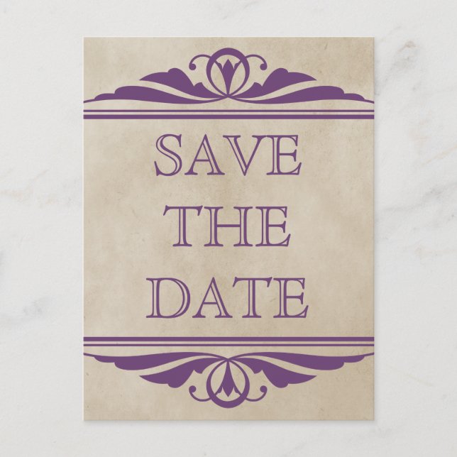 Purple Elegant Deco Save the Date Postcard (Front)