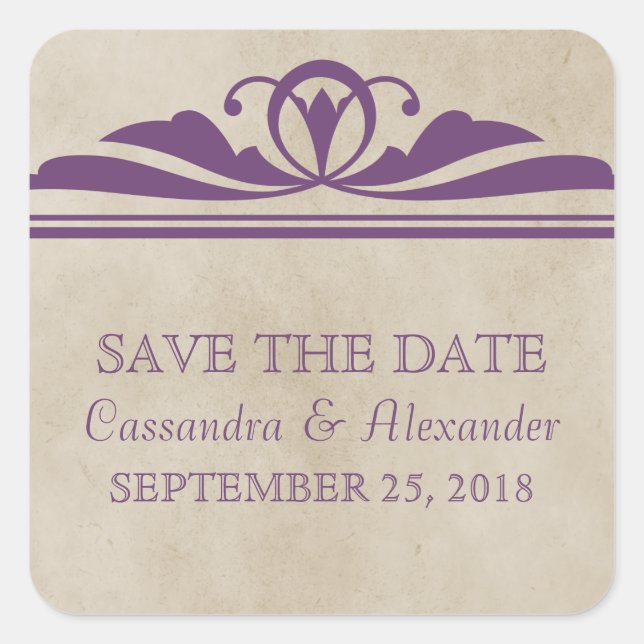Purple Elegant Deco Save the Date Stickers (Front)