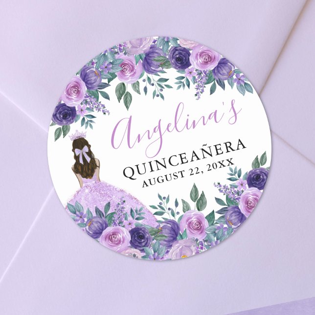 Purple Elegant Floral Quinceanera Classic Round Sticker (Purple Elegant Floral Quinceanera Classic Round Sticker)