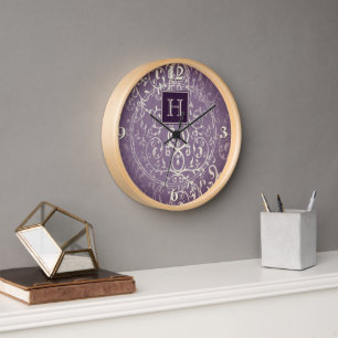 Purple Elegant Flourish Monogram Clock