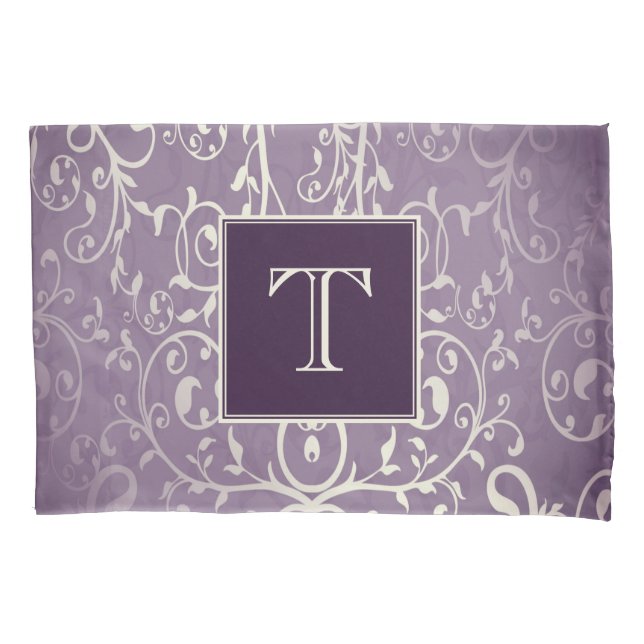 Purple Elegant Flourish Monogram Pillowcase (Front)