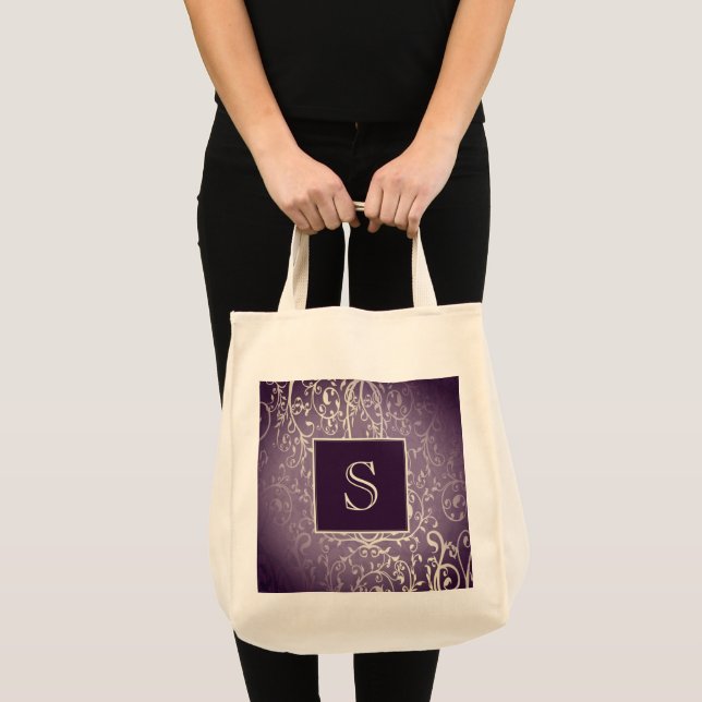 Purple Elegant Flourish Monogram Tote Bag (Front (Product))