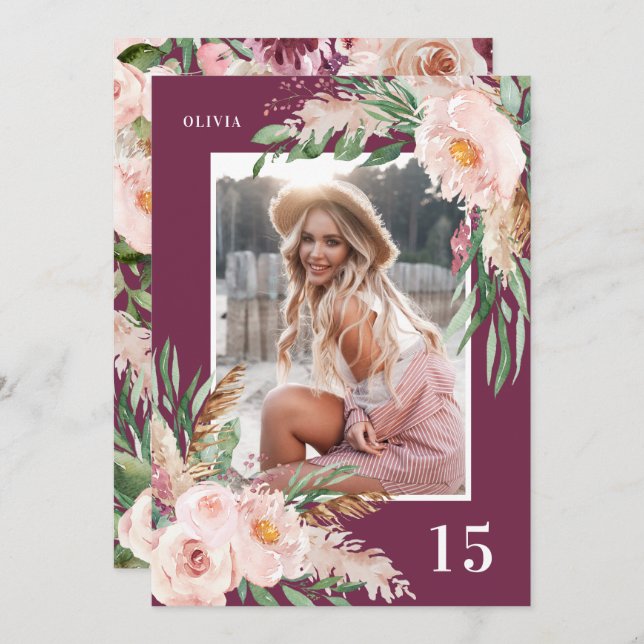 Purple elegant girly modern floral photo birthday invitation (Front/Back)