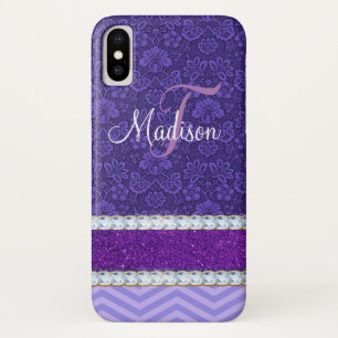 Purple Elegant Glitter Bling Damask Name iPhone X Case
