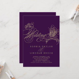 Purple Elegant Gold Calligraphy Wedding Invitation