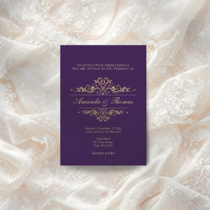 Purple elegant golden frame ornament wedding invitation