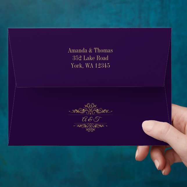 Purple elegant golden frame wedding invitation  envelope (Hand)