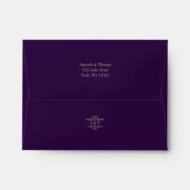 Purple elegant golden frame wedding rsvp envelope (Back (Top Flap))
