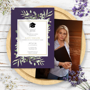 Purple Elegant Greenery Photo Graduation Party Invitation
