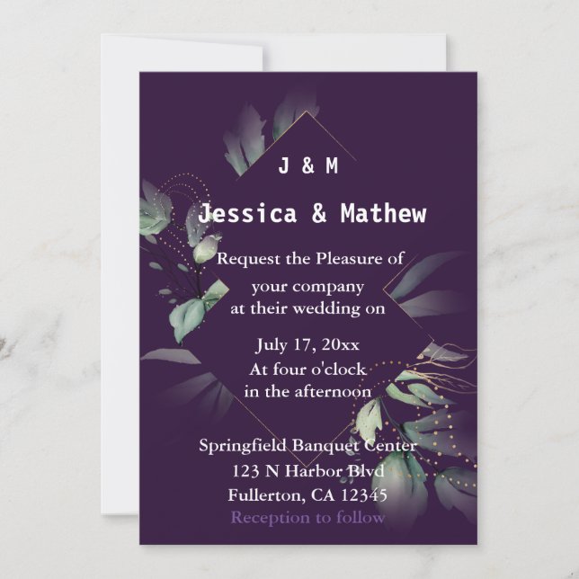 Purple Elegant Greenery Wedding Invitation (Front)