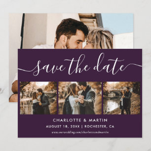 Purple Elegant Modern Script Photo Collage Wedding Save The Date