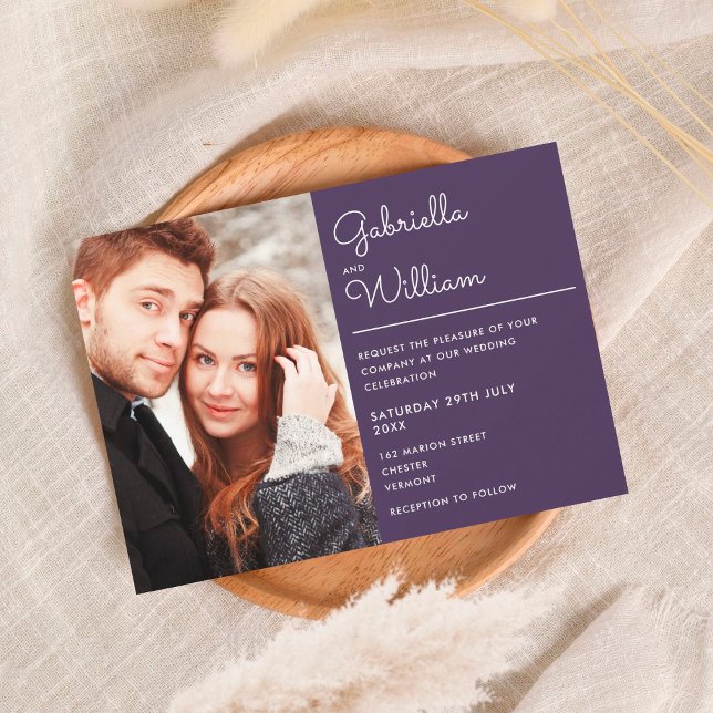 Purple Elegant Modern Script Photo Wedding Invitation (Creator Uploaded)