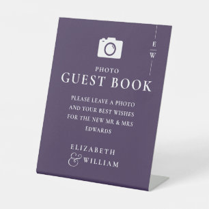 Purple Elegant Monogram Photo Guest Book Wedding Pedestal Sign