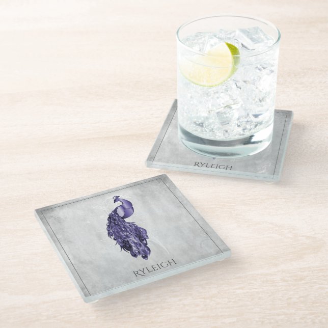 Purple Elegant Peacock Personalised Glass Coaster (Angled)