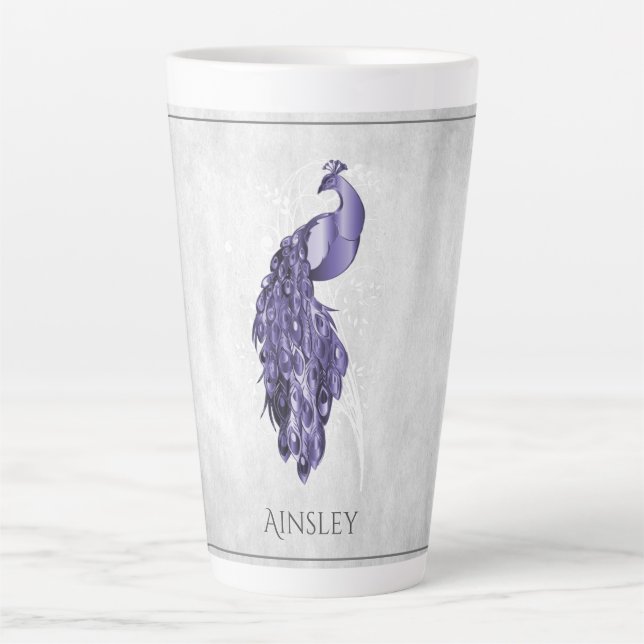 Purple Elegant Peacock Personalised Latte Mug (Front)