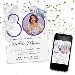 Purple Elegant Photo Floral 30th Birthday Party Invitation