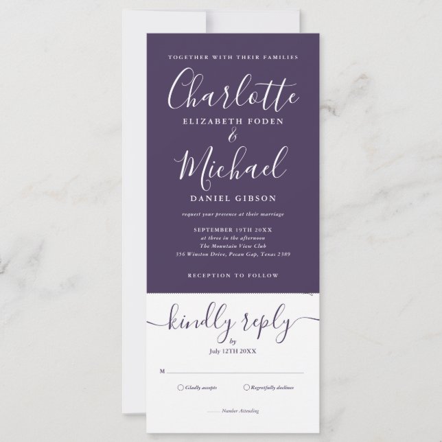 Purple Elegant Script All In One Wedding Invitation (Front)