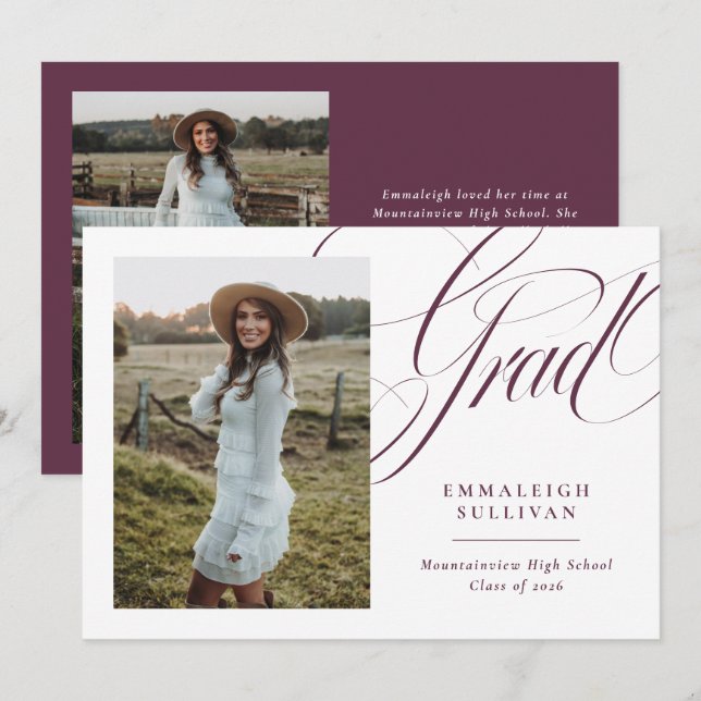 Purple Elegant Script Graduation Announcement (Front/Back)