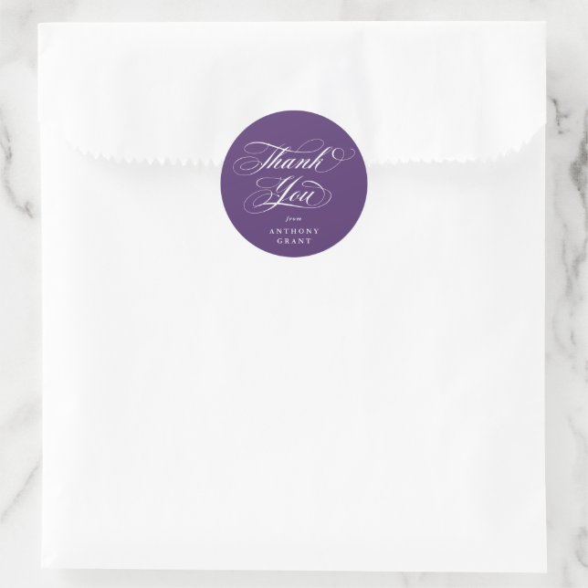 Purple Elegant Script Graduation Thank You Classic Round Sticker (Bag)
