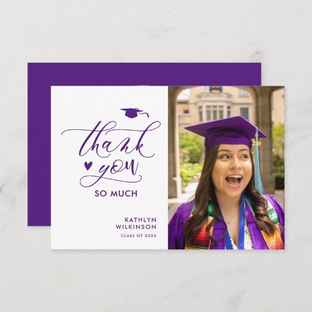 Purple Elegant Script Photo Minimalist Graduation Thank You Card (Front/Back)