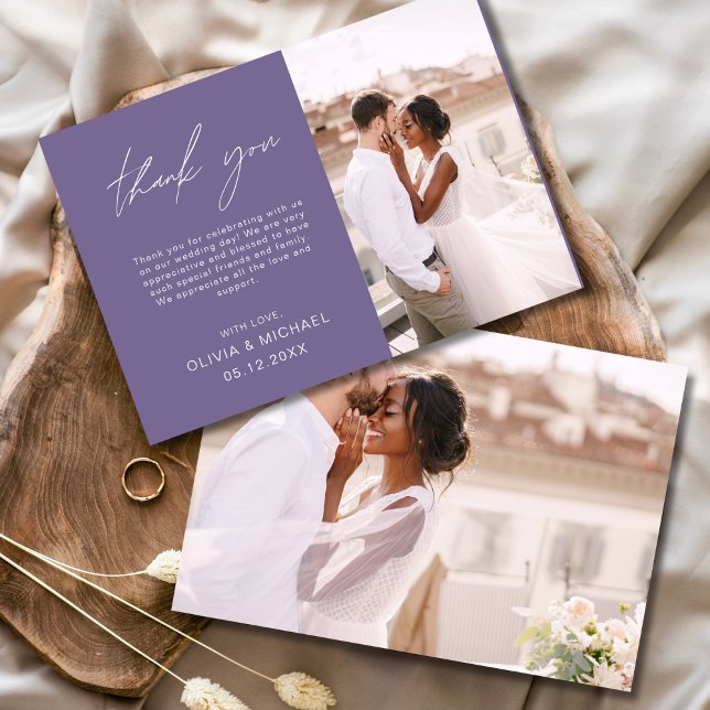Purple Elegant Script Photo Wedding Thank You Card (Creator Uploaded)