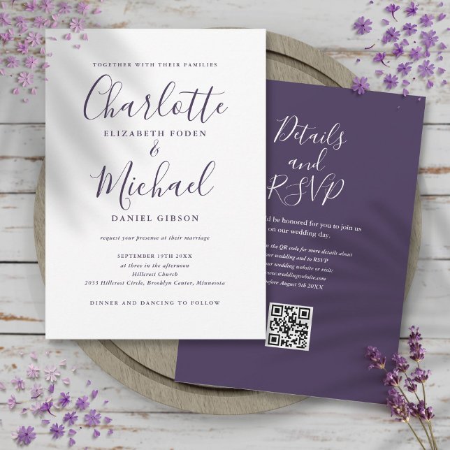Purple Elegant Script QR Code Wedding Invitation (Purple Elegant Script QR Code Wedding Invitation)