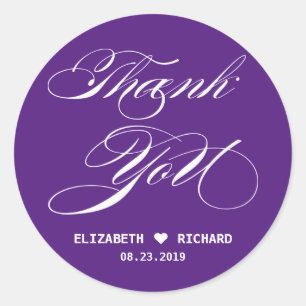 Purple Elegant Script Thank You Wedding Favour Classic Round Sticker