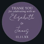 Purple Elegant Script Wedding Thank You Classic Round Sticker<br><div class="desc">This purple minimalist elegant script wedding thank you sticker can be personalised with your information in chic typography. Designed by Thisisnotme©</div>