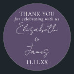 Purple Elegant Script Wedding Thank You Classic Round Sticker<br><div class="desc">This purple minimalist elegant script wedding thank you sticker can be personalised with your information in chic typography. Designed by Thisisnotme©</div>