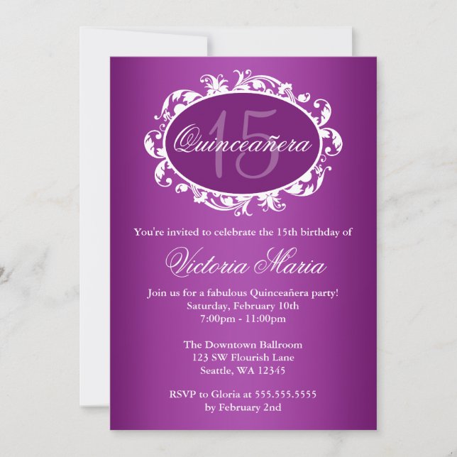 Purple Elegant Swirl Quinceanera Birthday Party Invitation (Front)
