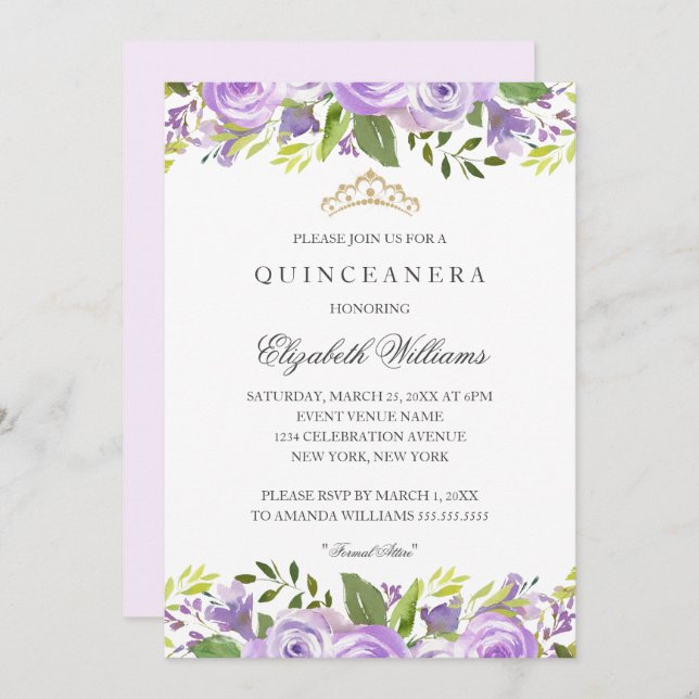 Purple Elegant Watercolor Floral Quinceanera Invitation (Front/Back)