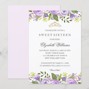 Purple Elegant Watercolor Floral Sweet Sixteen Invitation