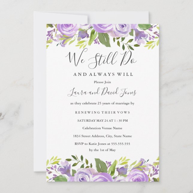 Purple Elegant Watercolor Floral Vow Renewal Invitation (Front)