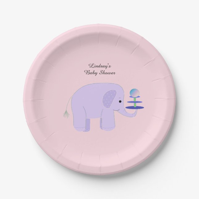 Purple Elephant Baby Shower Paper Plate (Front)
