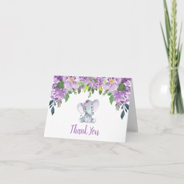 Purple Elephant Baby Shower Thank You Card (Front)