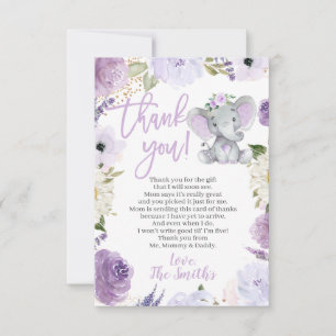 Purple Elephant Baby Shower Thank You Cards