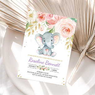 Purple Elephant Floral Baby Shower Invitation