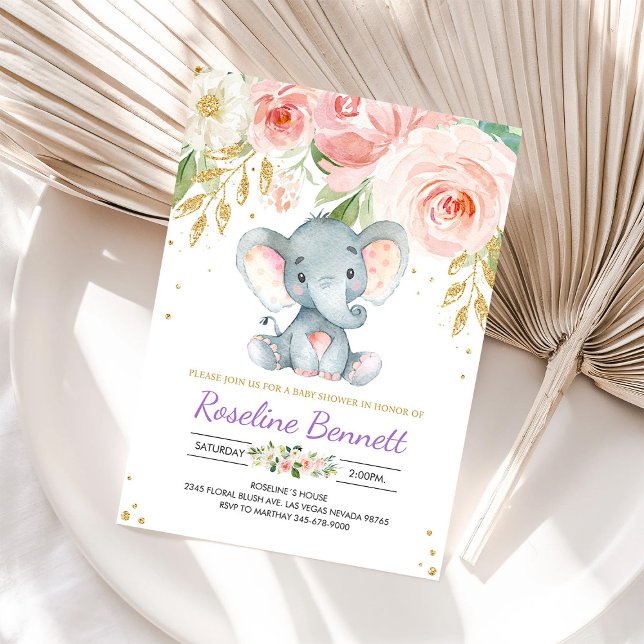 Purple Elephant Floral Baby Shower Invitation (Creator Uploaded)