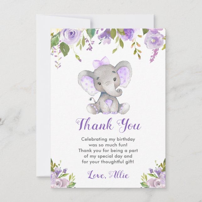 Purple Elephant Girl Birthday Party Little Peanut Thank You Card (Front)