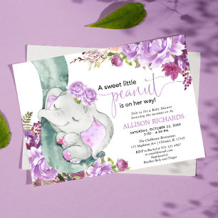 Purple elephant girl floral baby shower invitation
