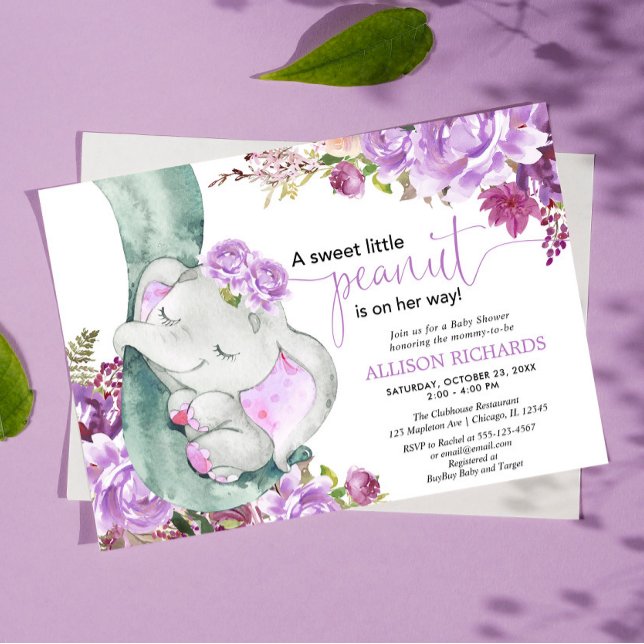 Purple elephant girl floral baby shower invitation (Creator Uploaded)