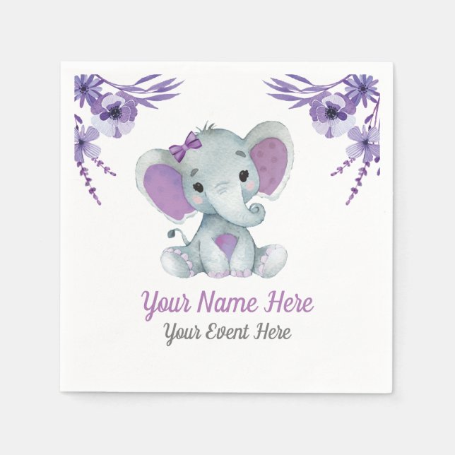 Purple Elephant Girl Napkins Baby Shower Birthday (Front)